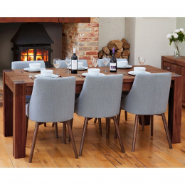 Shiro Solid Walnut Large Dining Table and Six Grey Chairs